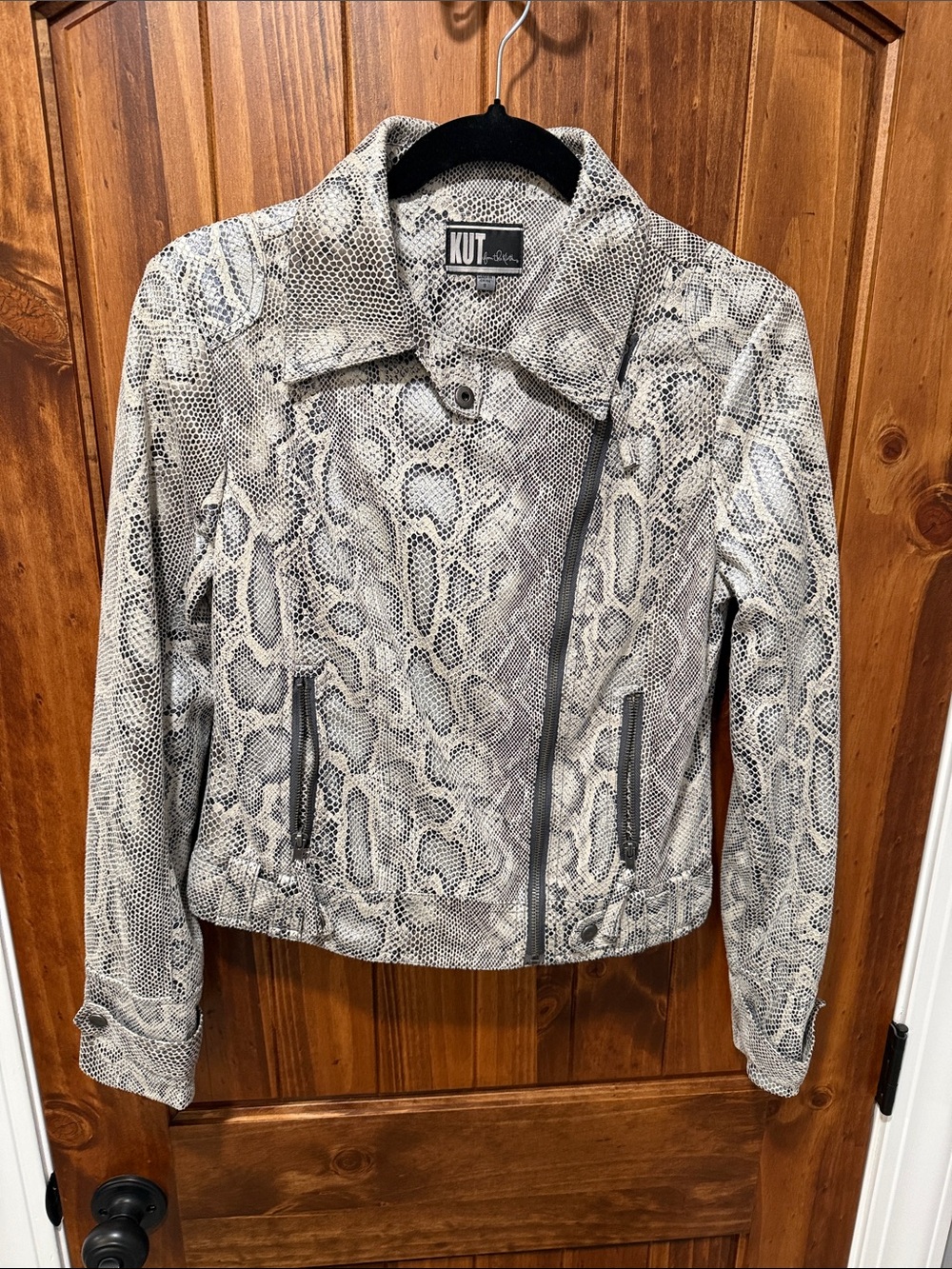 Kut from the Kloth Grey Snake-Print Asymmetrical Zip Jacket
